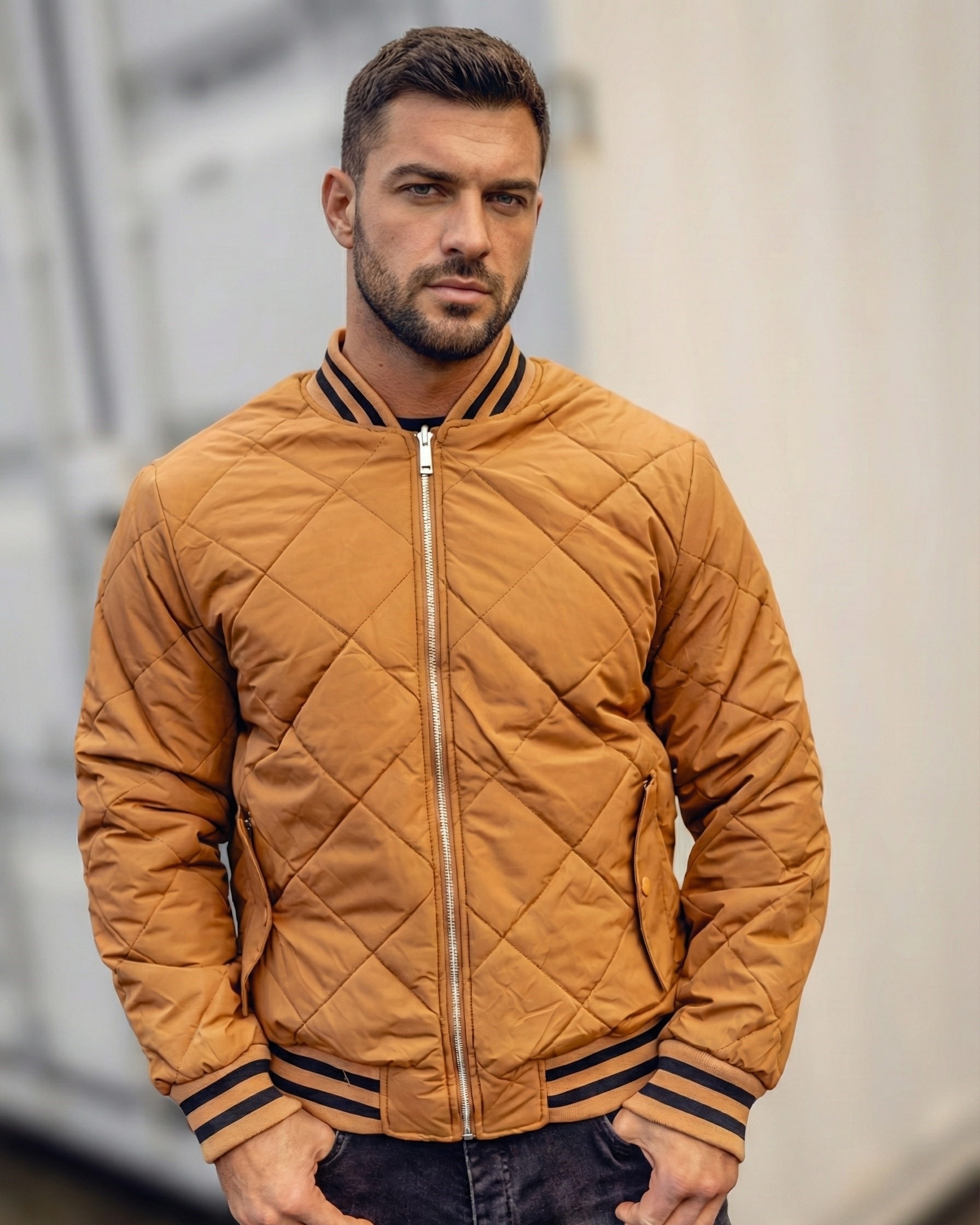 Geacă camel groasă cu două fețe – catifea & matlasat, reversibilă